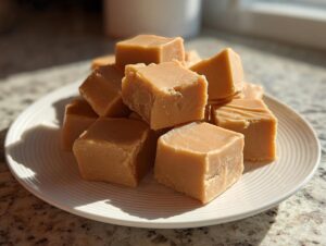 A stack of light brown, square-cut pieces of rich penuche fudge piled on a white plate.