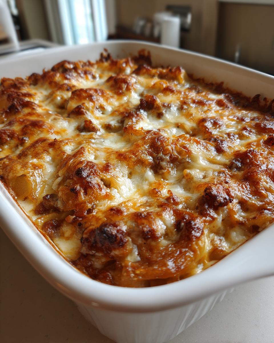 Close-up of a freshly baked pierogi casserole in a white dish, featuring a bubbly, golden-brown melted cheese topping.