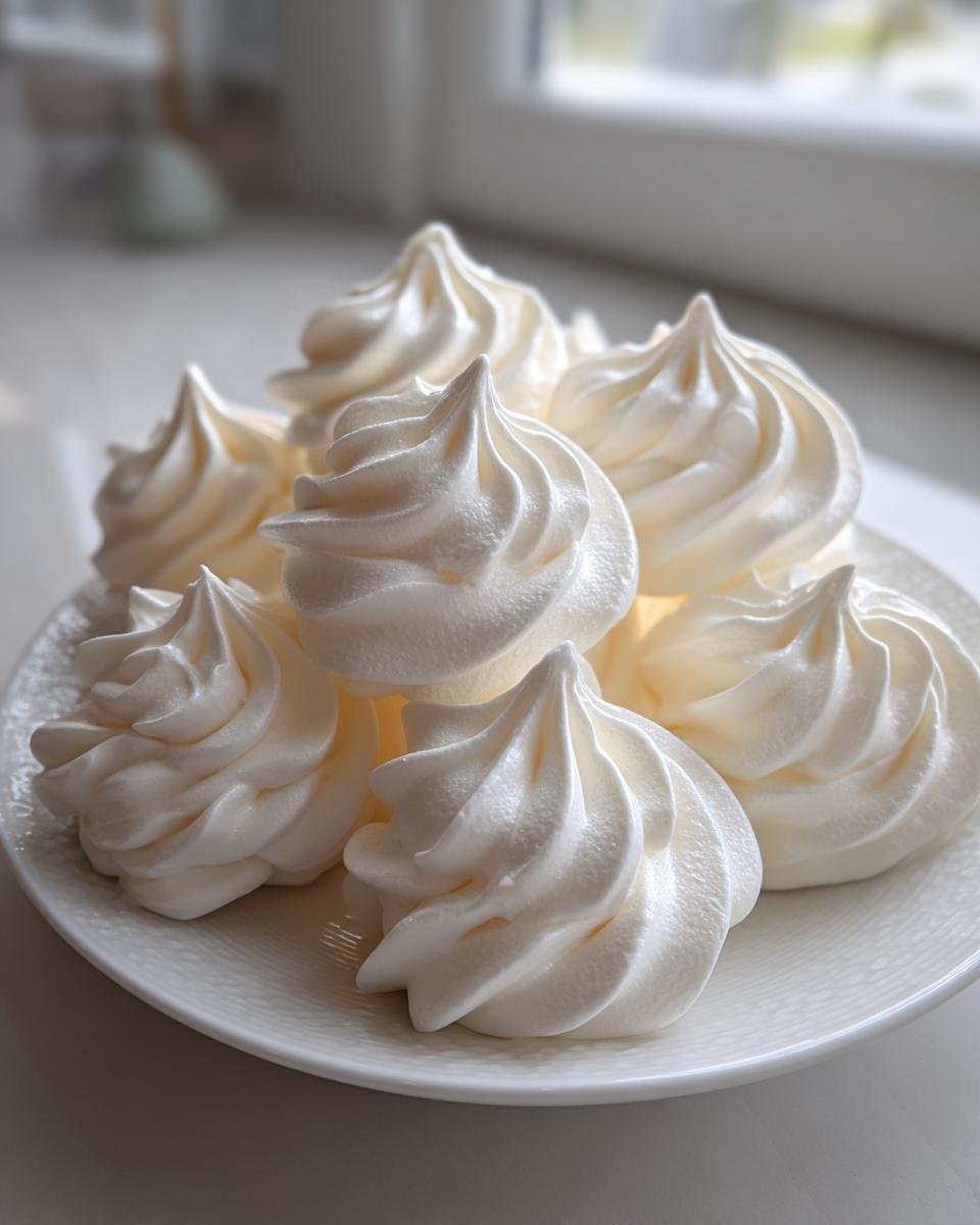 A close-up of several perfectly piped, glossy white meringue cookies stacked on a textured white plate.