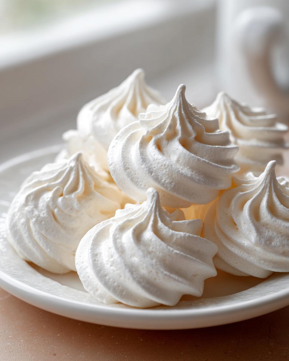 A close-up shot of several perfectly piped, white meringue cookies piled on a white saucer.