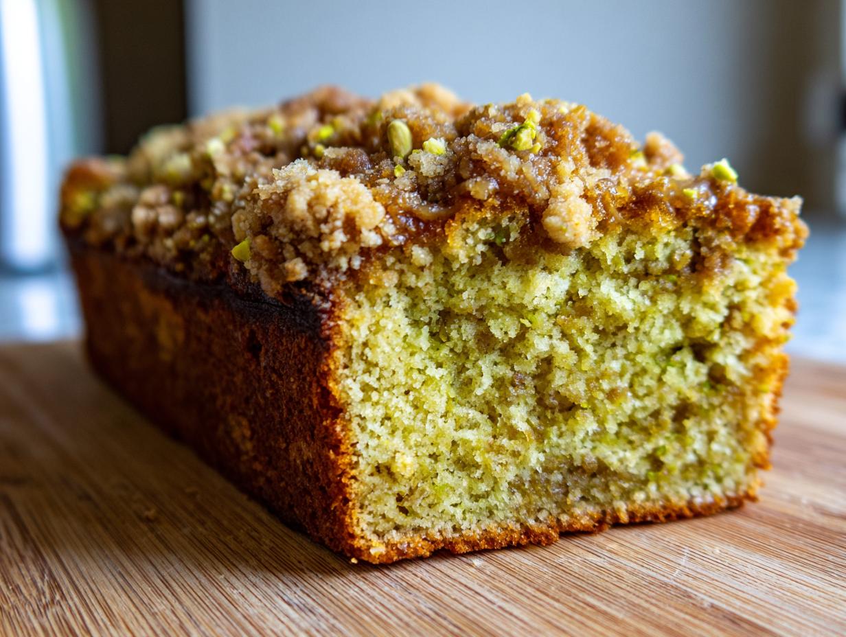 A cross-section view of a moist pistachio coffee cake loaf topped with brown sugar streusel and chopped pistachios.
