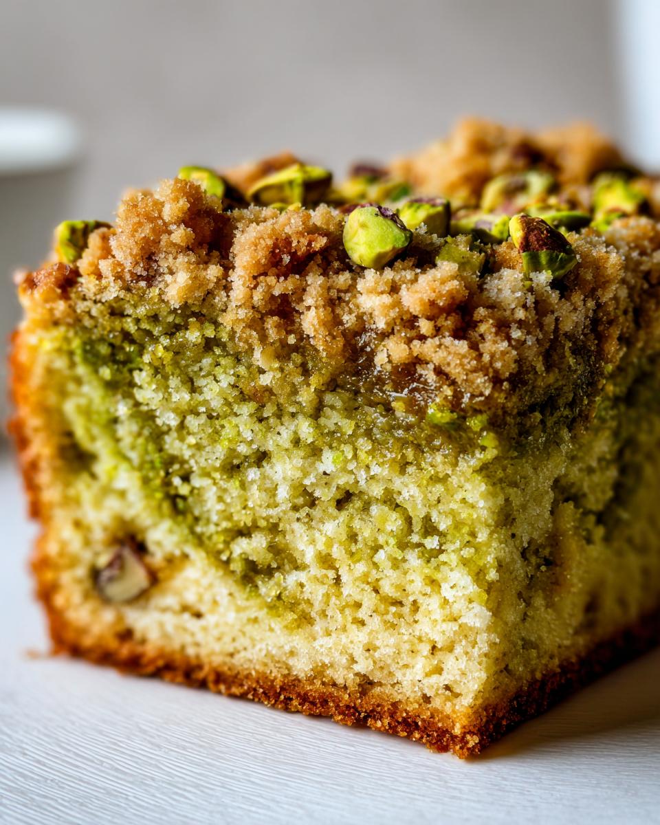 Close-up of a moist slice of pistachio coffee cake showing green swirl, crumb topping, and whole pistachios.