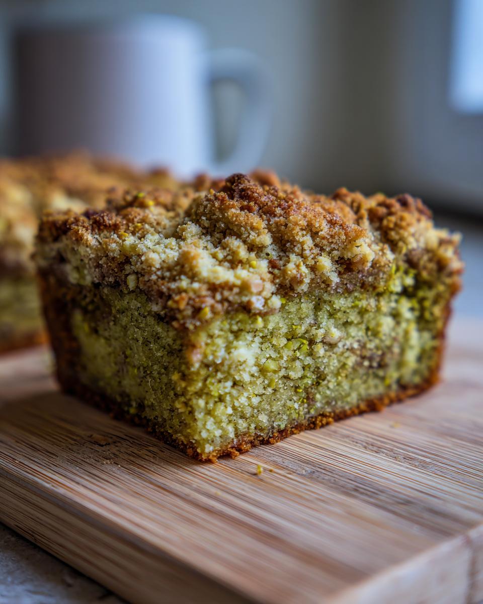 A close-up slice of moist pistachio coffee cake featuring a thick, golden brown streusel topping.