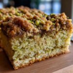 Close-up of a moist slice of pistachio coffee cake showing the green crumb and rich brown streusel topping with chopped pistachios.