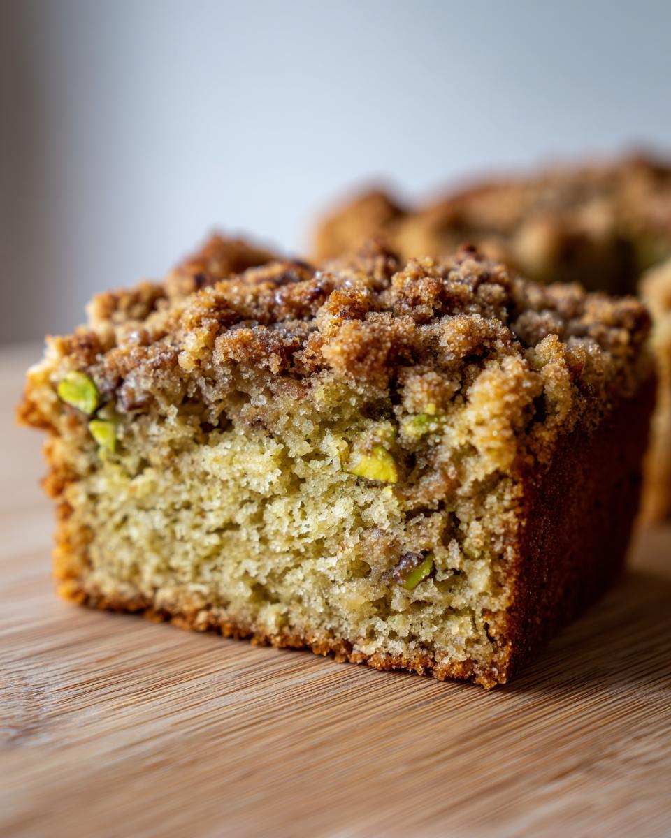 Close-up of a moist slice of pistachio coffee cake showing green pistachio pieces and a thick, sugary crumb topping.
