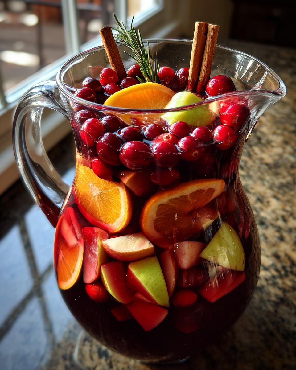 A clear glass pitcher filled with vibrant Christmas sangria, loaded with cranberries, orange slices, apples, and garnished with cinnamon sticks and rosemary.