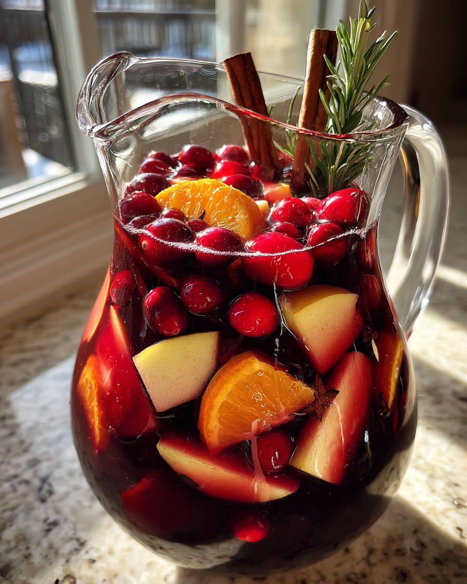 A clear glass pitcher filled with deep red Christmas sangria, loaded with cranberries, orange slices, and apple wedges.