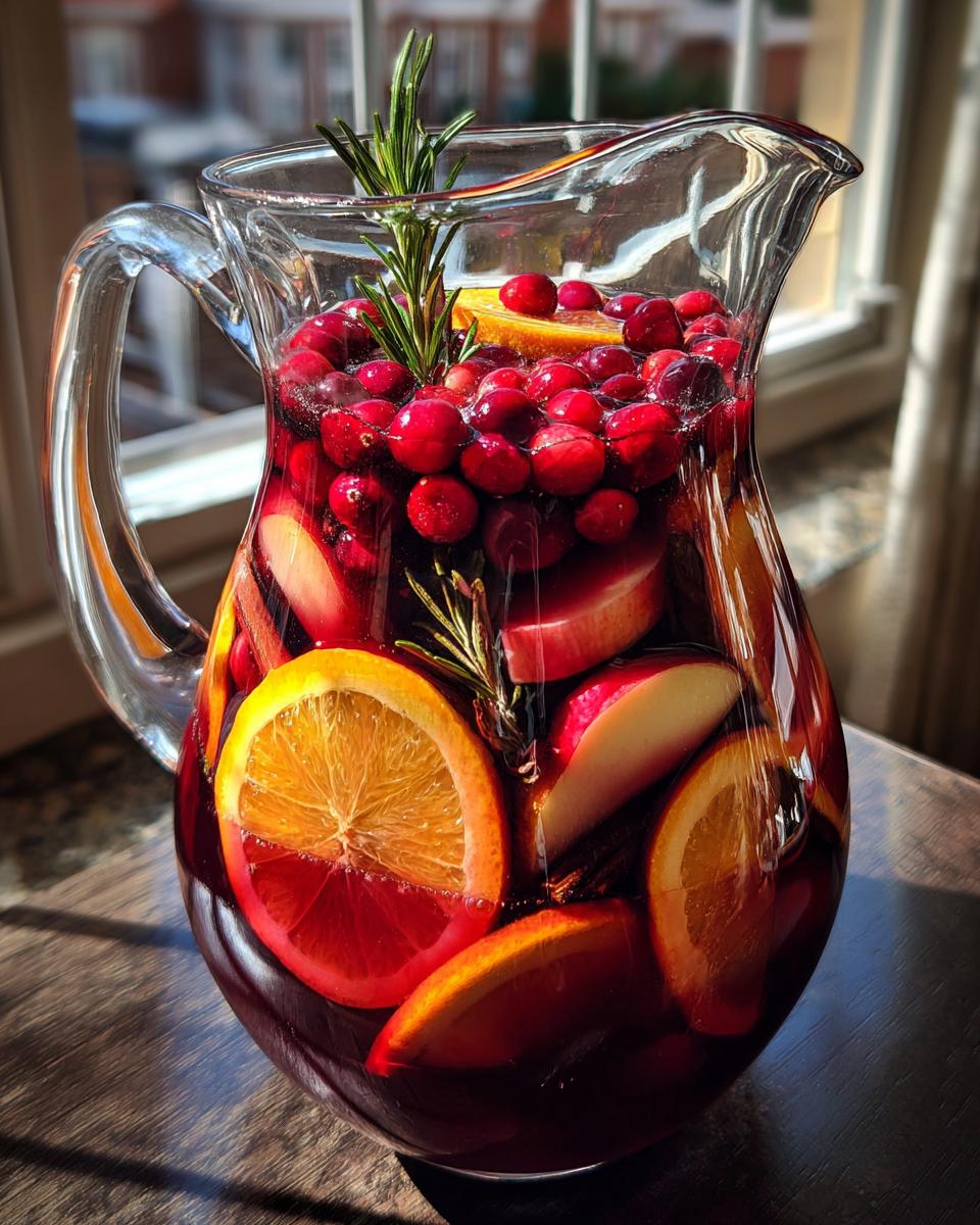 A clear glass pitcher filled with vibrant Christmas sangria, loaded with cranberries, orange slices, apple wedges, and rosemary sprigs.