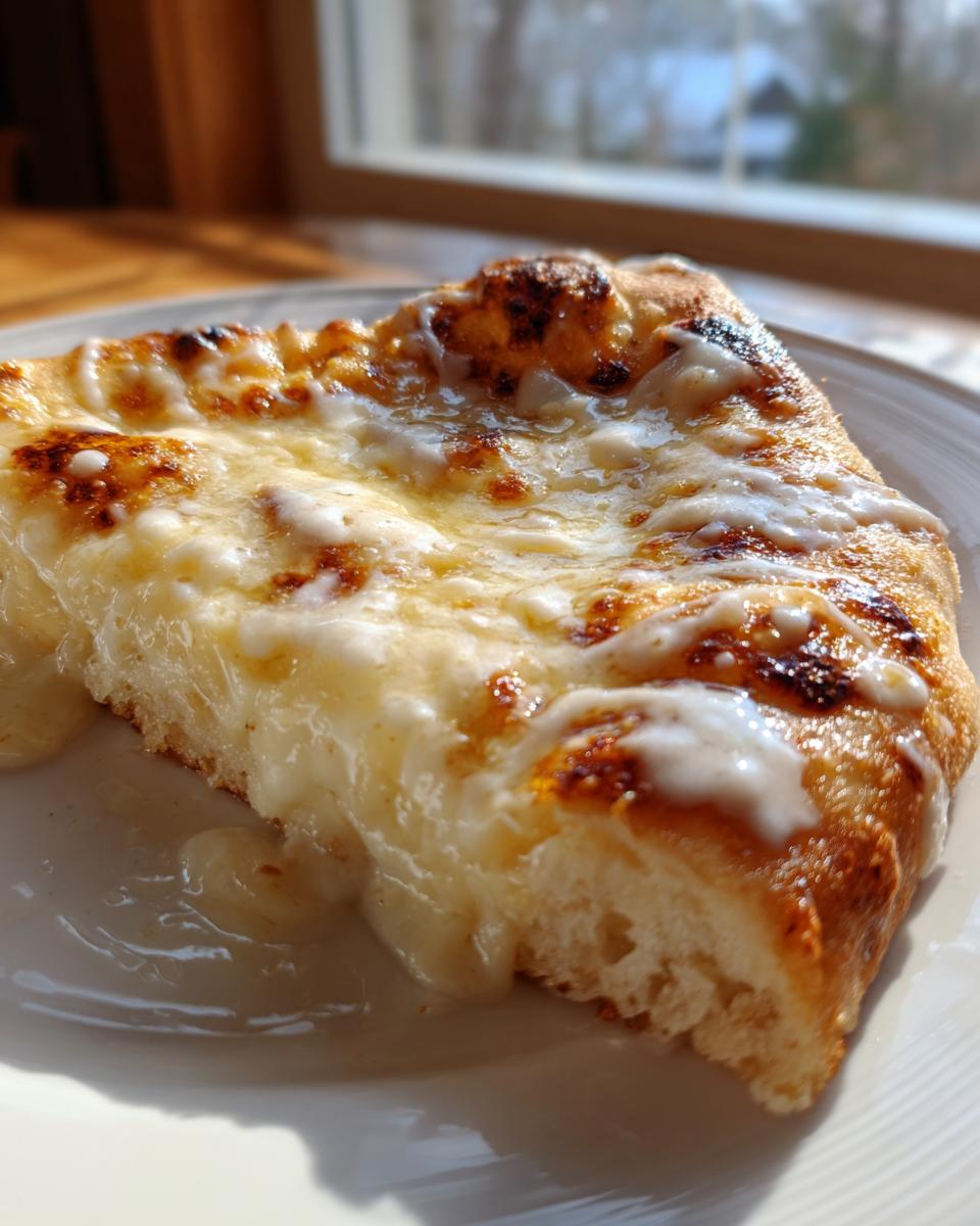 Close-up of a thick slice of pizza generously topped with melted cheese and a creamy white pizza sauce.