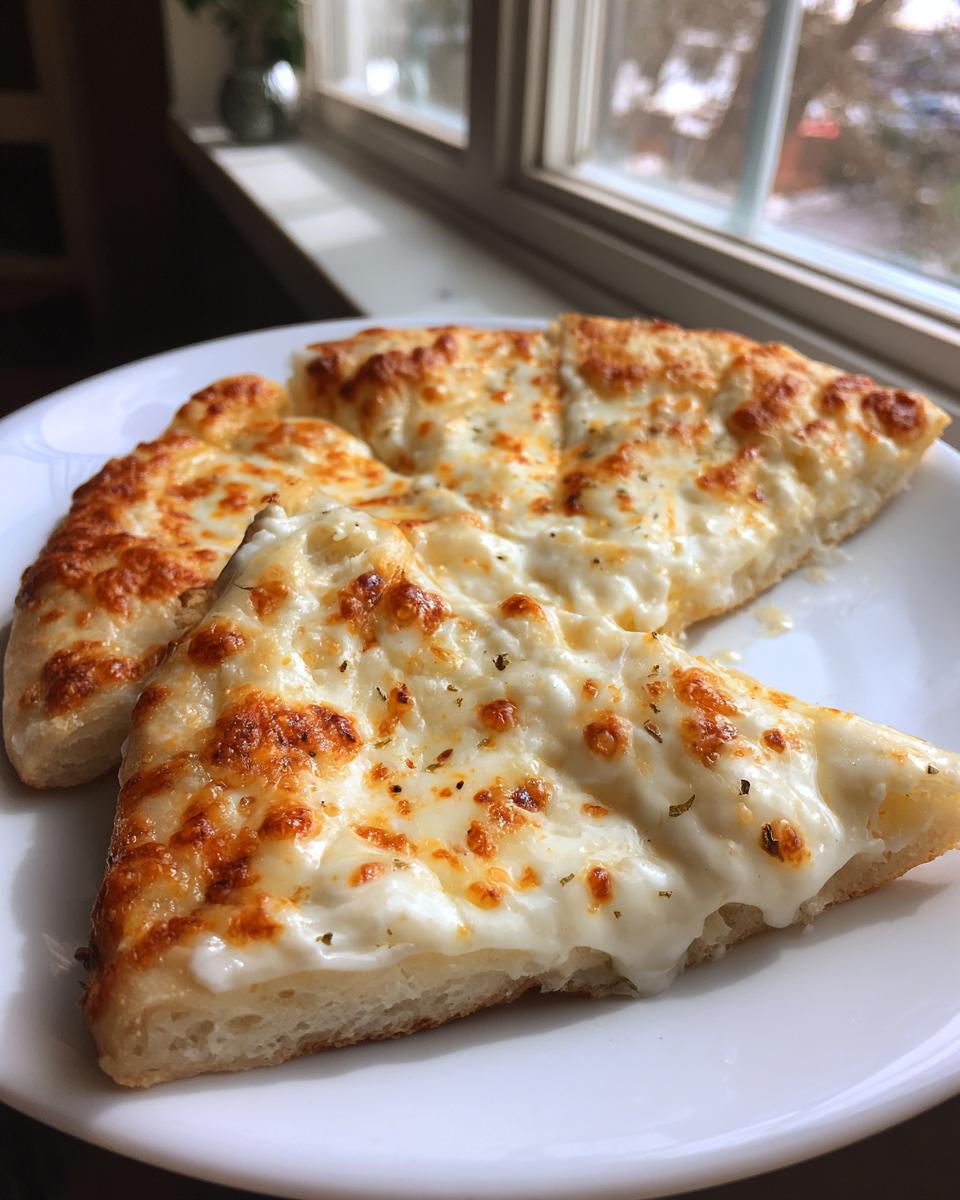 Three slices of cheesy pizza made with a rich white pizza sauce, served on a white plate indoors.
