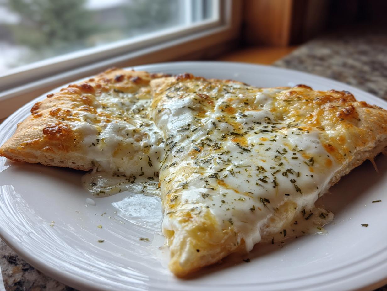 Two slices of cheesy pizza topped with herbs, made using white pizza sauce, served on a white plate.