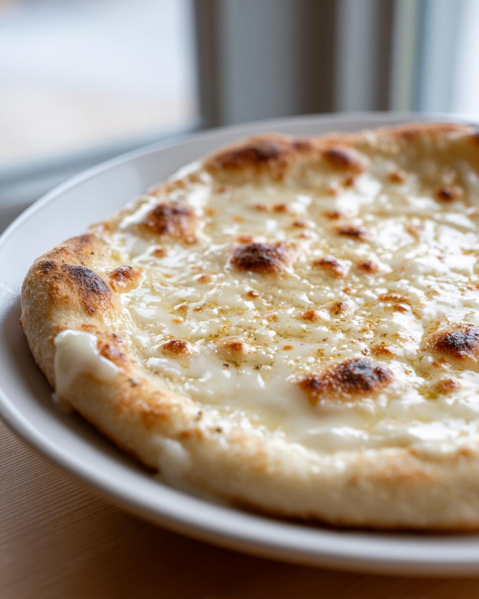 Close-up of a small, personal pizza topped generously with melted cheese using white pizza sauce.