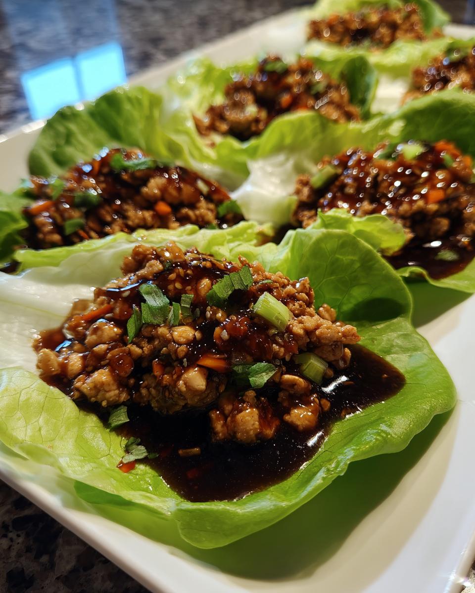 Close-up of several delicious chicken lettuce wraps filled with savory ground chicken and drizzled with a dark, glossy sauce.