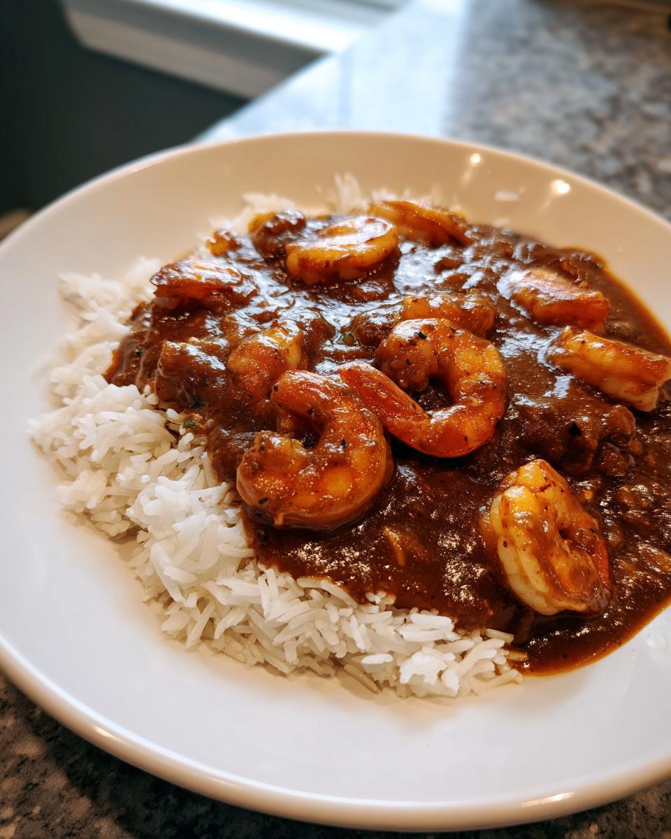 A close-up of a white bowl filled with shrimp etouffee served over fluffy white rice.