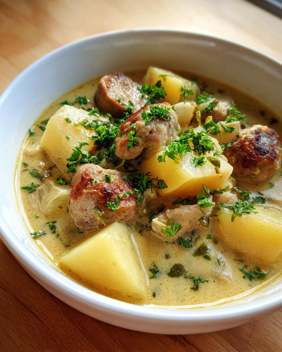 Close-up of a creamy potato and sausage chowder, featuring large potato chunks and browned sausage pieces, garnished with fresh parsley.