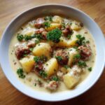 Close-up of a bowl of creamy potato and sausage chowder, garnished with fresh parsley.
