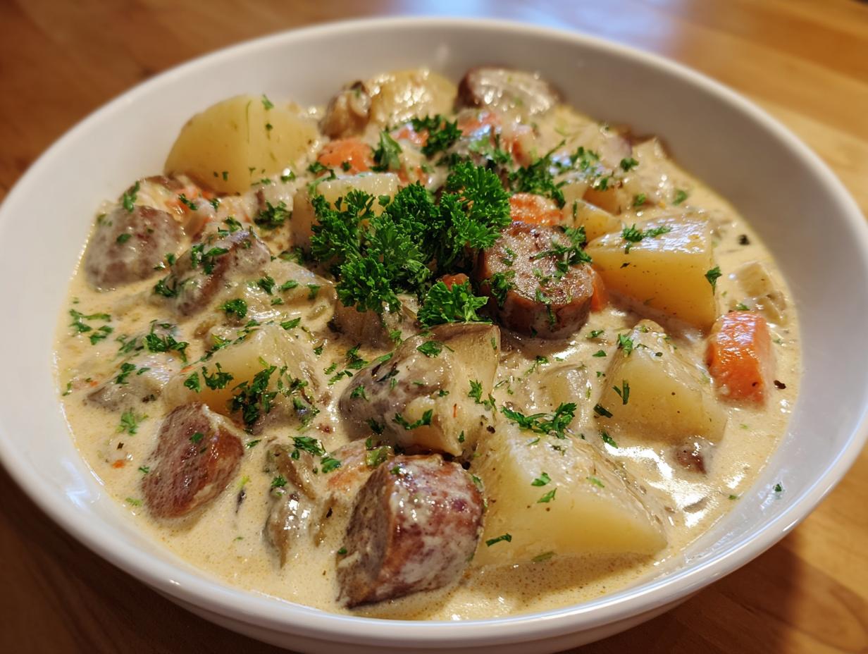 A close-up of a creamy potato and sausage chowder, garnished with fresh parsley.