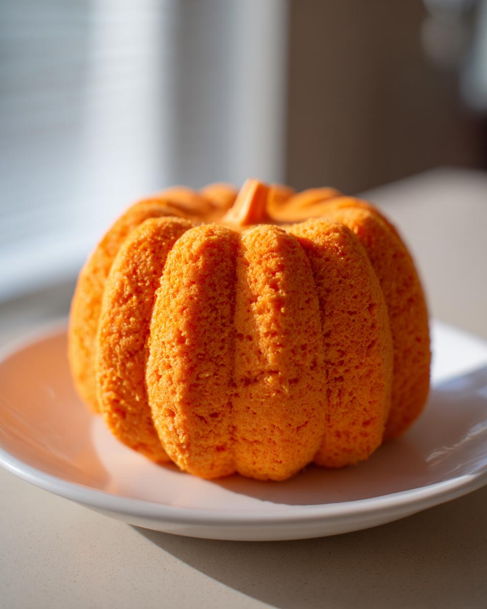 A bright orange, pumpkin-shaped item, likely a pumpkin cheese ball or cake, sitting on a white plate.