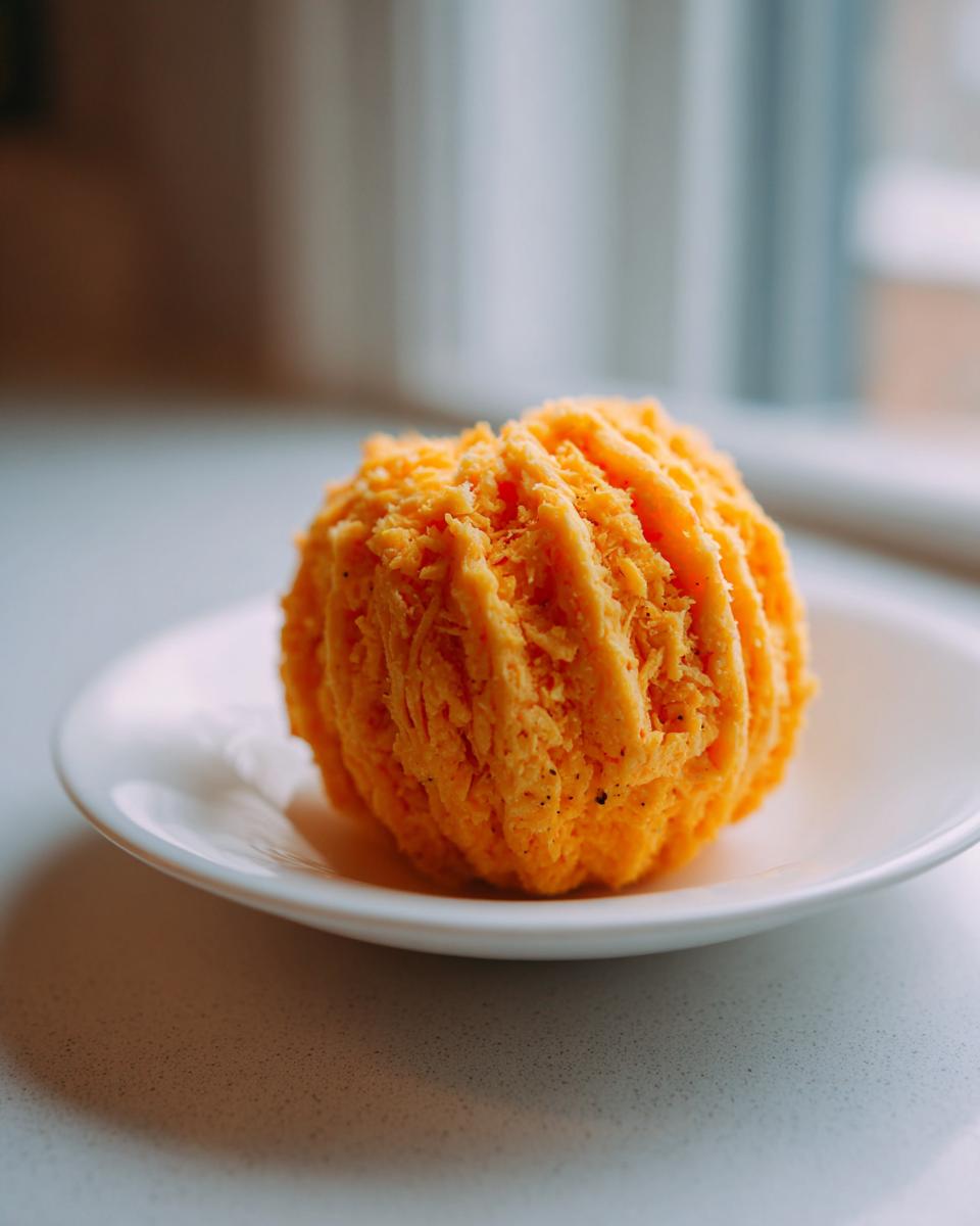A vibrant orange pumpkin cheese ball shaped like a small pumpkin, resting on a white plate near a window.