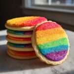 Stack of sugar cookies topped with vibrant, hardened rainbow sugar cookie icing that is sparkling.