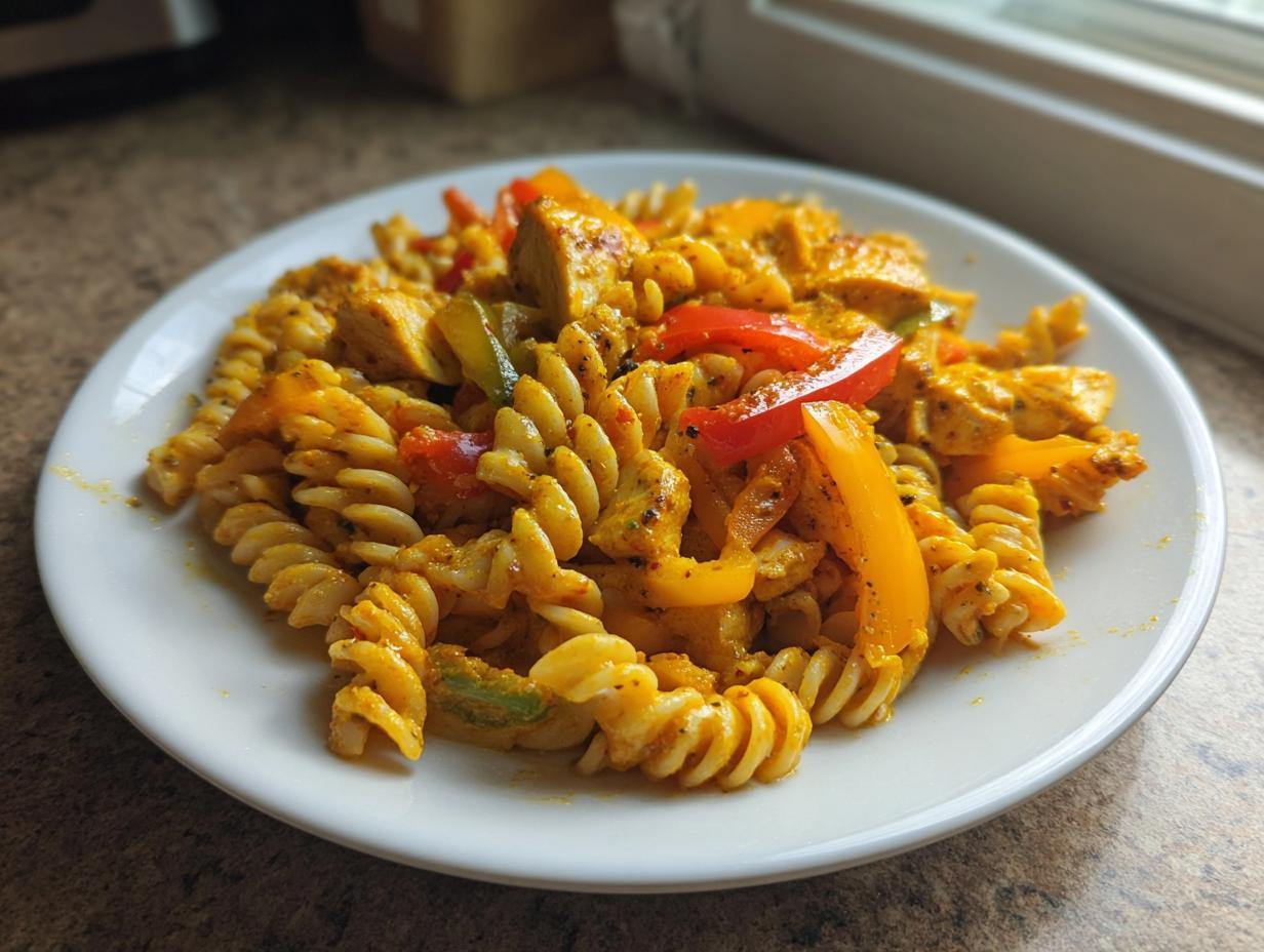 A close-up photo of a serving of vibrant, yellow Rasta Pasta featuring fusilli, chicken pieces, and colorful bell peppers on a white plate.