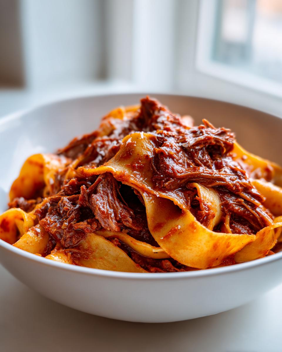 Close-up of wide pappardelle pasta generously topped with rich, slow-cooked beef ragu in a white bowl.