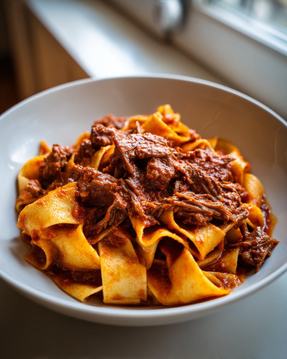 Close-up of a white bowl filled with wide pappardelle pasta generously topped with rich, shredded beef ragu.