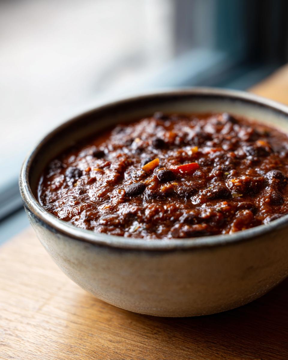 Close-up of a hearty bowl of rich, dark black bean chili resting on a wooden surface.