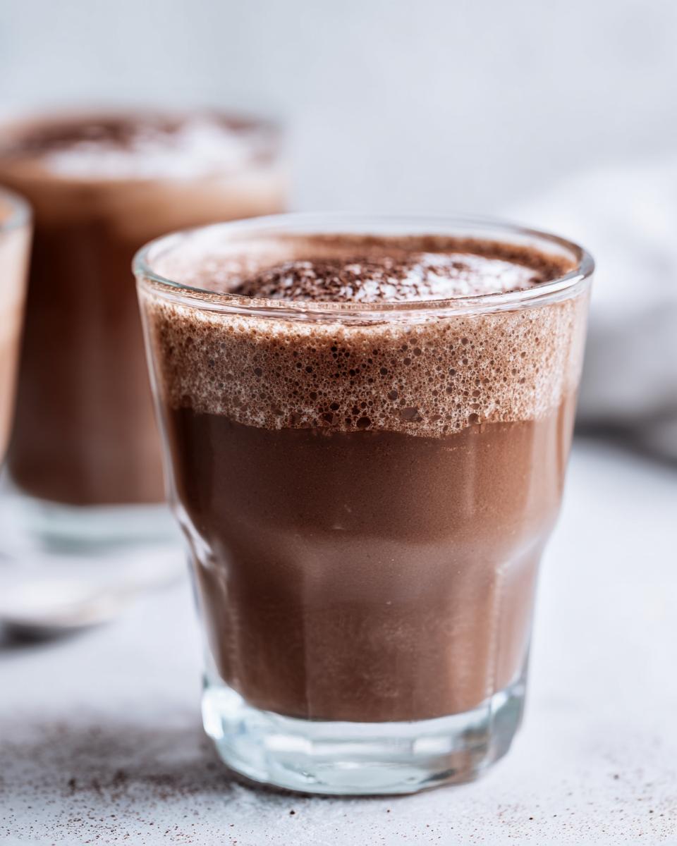 Close-up of a glass filled with rich, airy chocolate mousse, topped with cocoa powder.