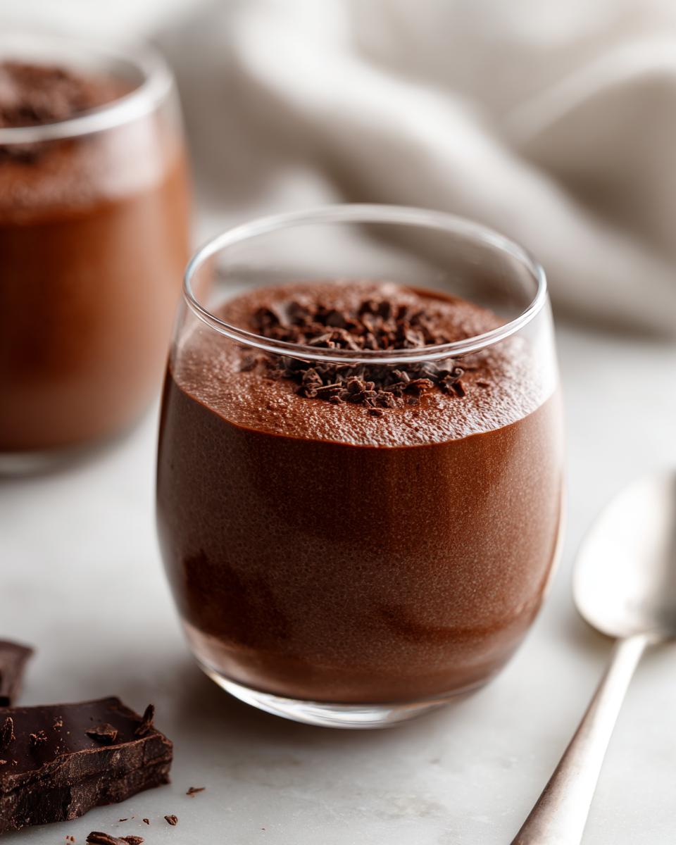 Close-up of a rich, dark chocolate mousse served in a glass, topped with chocolate shavings.