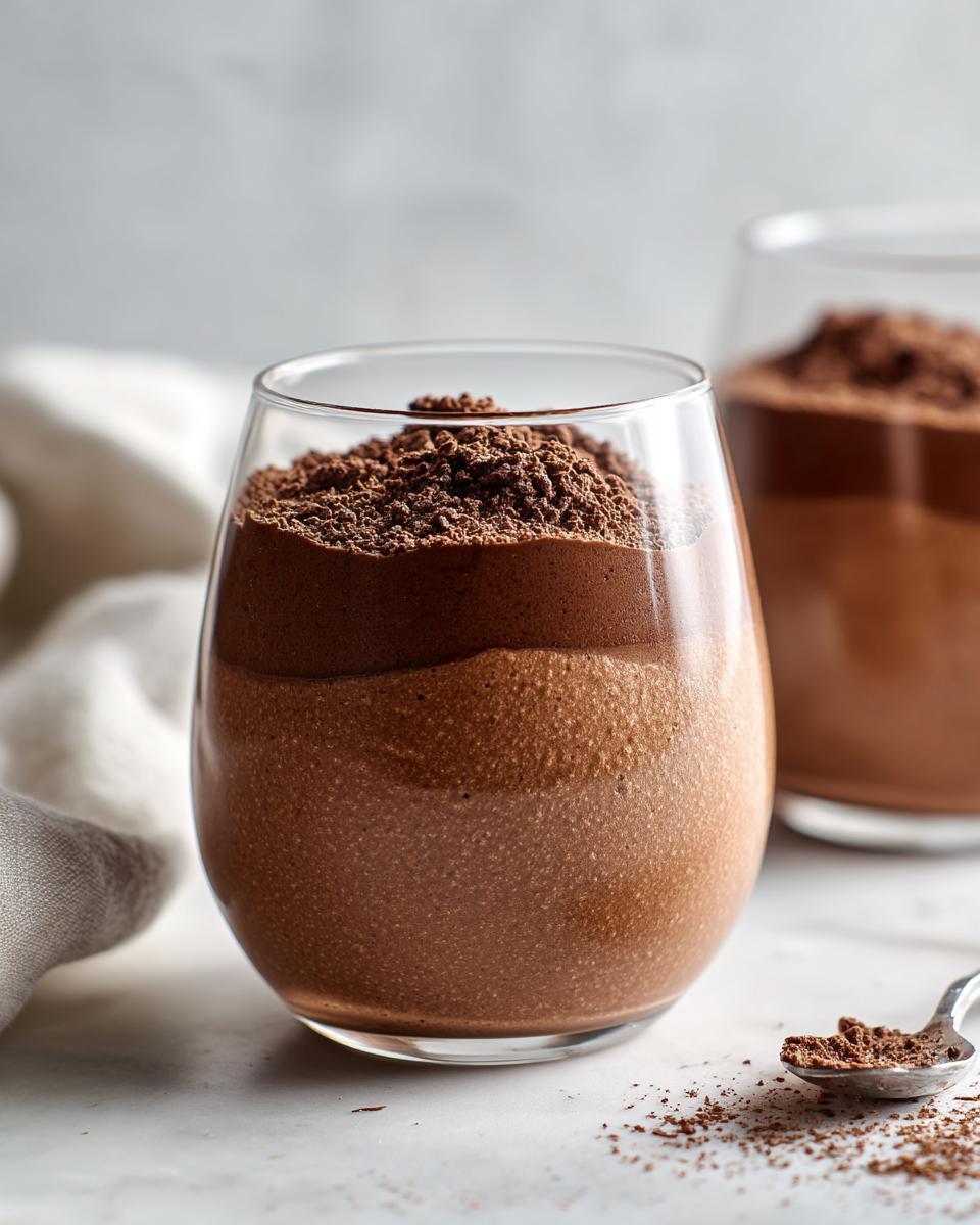 Two layers of rich chocolate mousse served in a clear glass, topped with shaved chocolate.