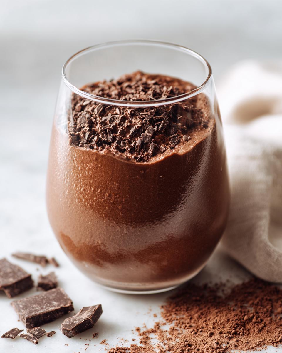 A glass filled with rich, dark chocolate mousse topped with chocolate shavings, next to cocoa powder and chunks.