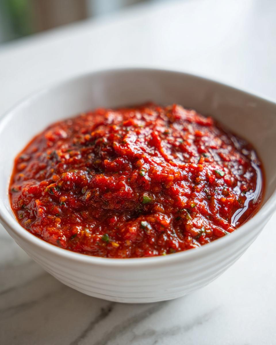 Close-up of thick, vibrant red homemade pizza sauce with visible herbs in a white bowl.