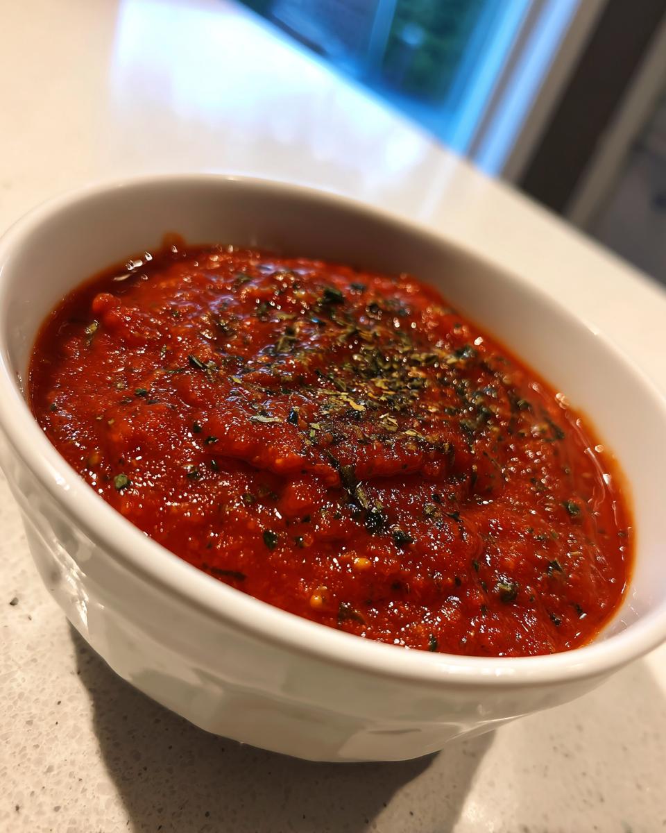 Close-up of rich, red homemade pizza sauce topped with dried herbs in a small white bowl.