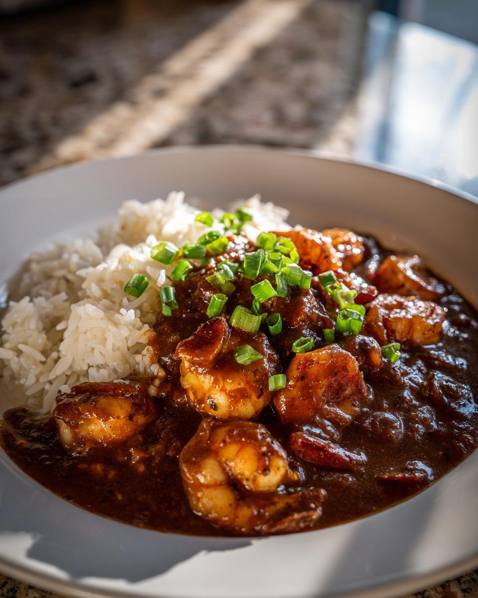 A close-up bowl of rich, dark shrimp etouffee served next to fluffy white rice and topped with chopped green onions.