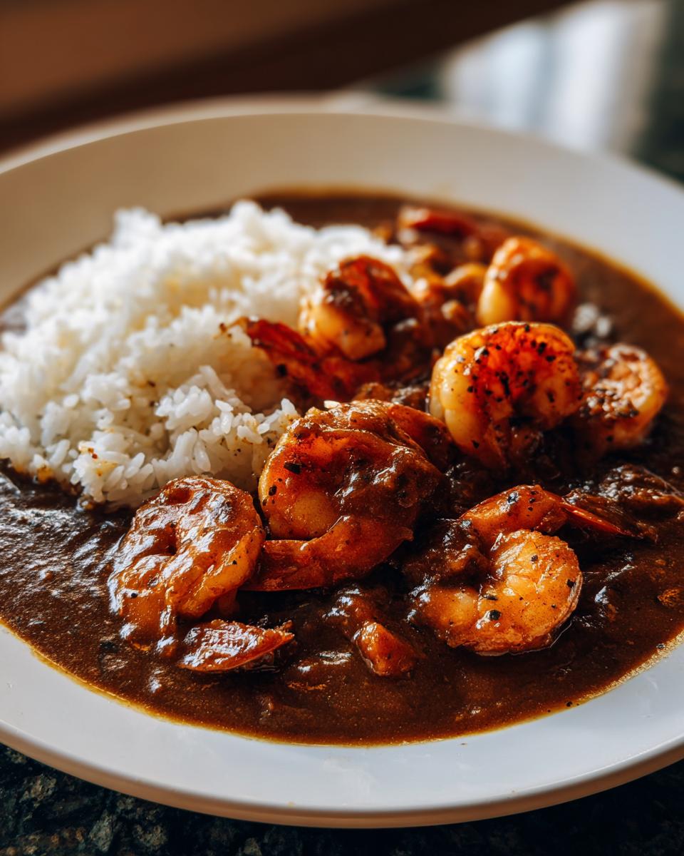 Close-up of a bowl of rich, dark shrimp etouffee served alongside a mound of fluffy white rice.