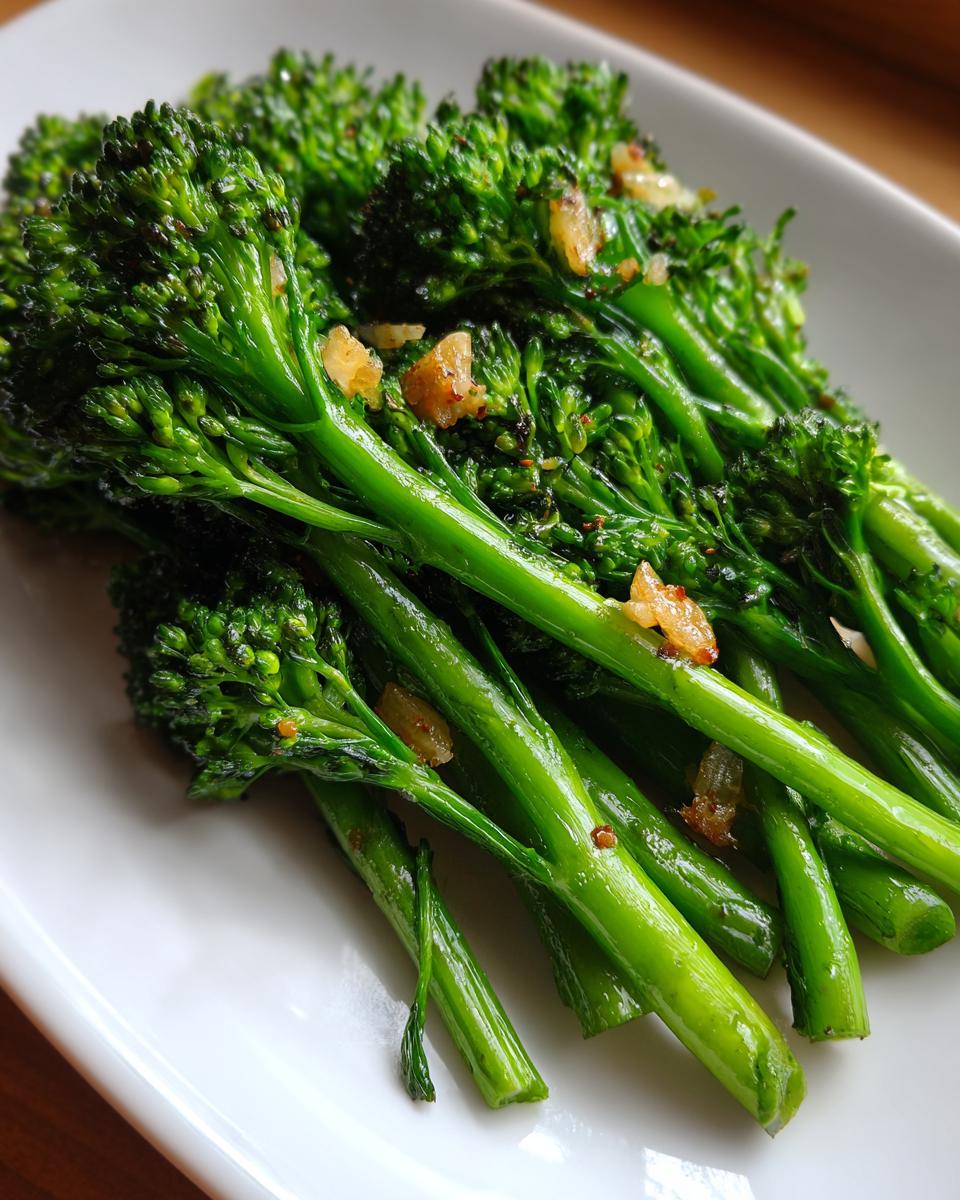 Close-up of bright green roasted broccolini tossed with visible pieces of browned garlic on a white plate.
