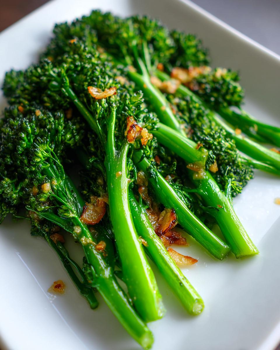Close-up of bright green, tender roasted broccolini stalks topped with crispy garlic pieces on a white plate.