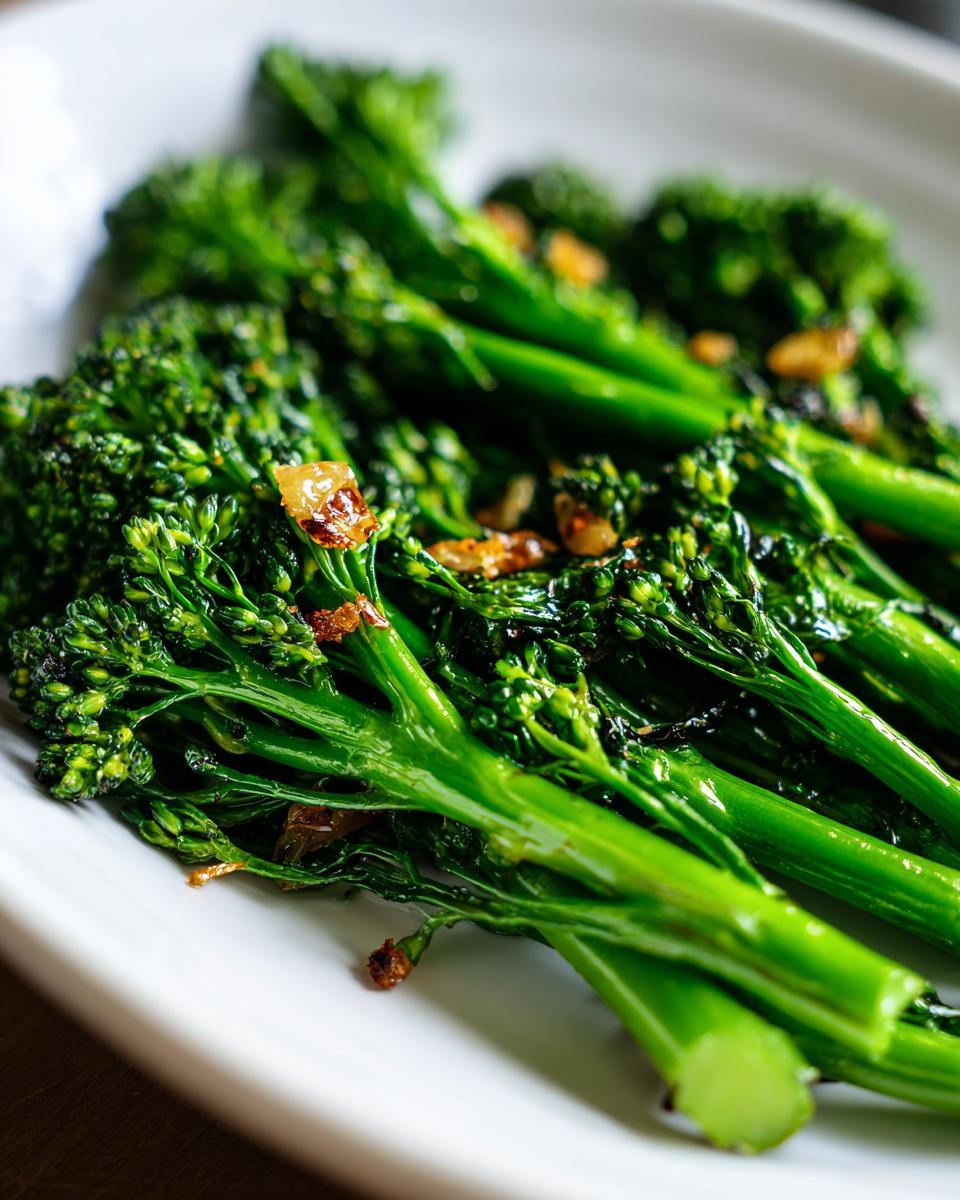 Close-up of bright green roasted broccolini stalks seasoned with small pieces of browned garlic.