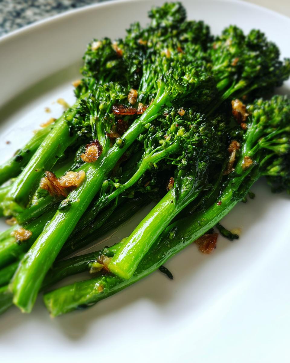 Close-up of bright green roasted broccolini stalks seasoned with crispy garlic pieces on a white plate.