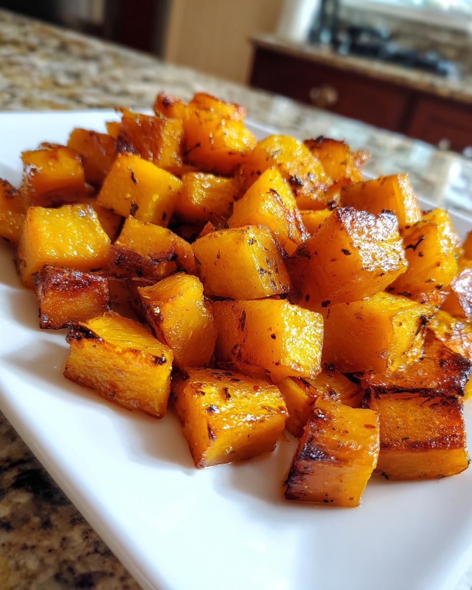 A close-up of perfectly caramelized, seasoned roasted butternut squash cubes piled on a white serving dish.