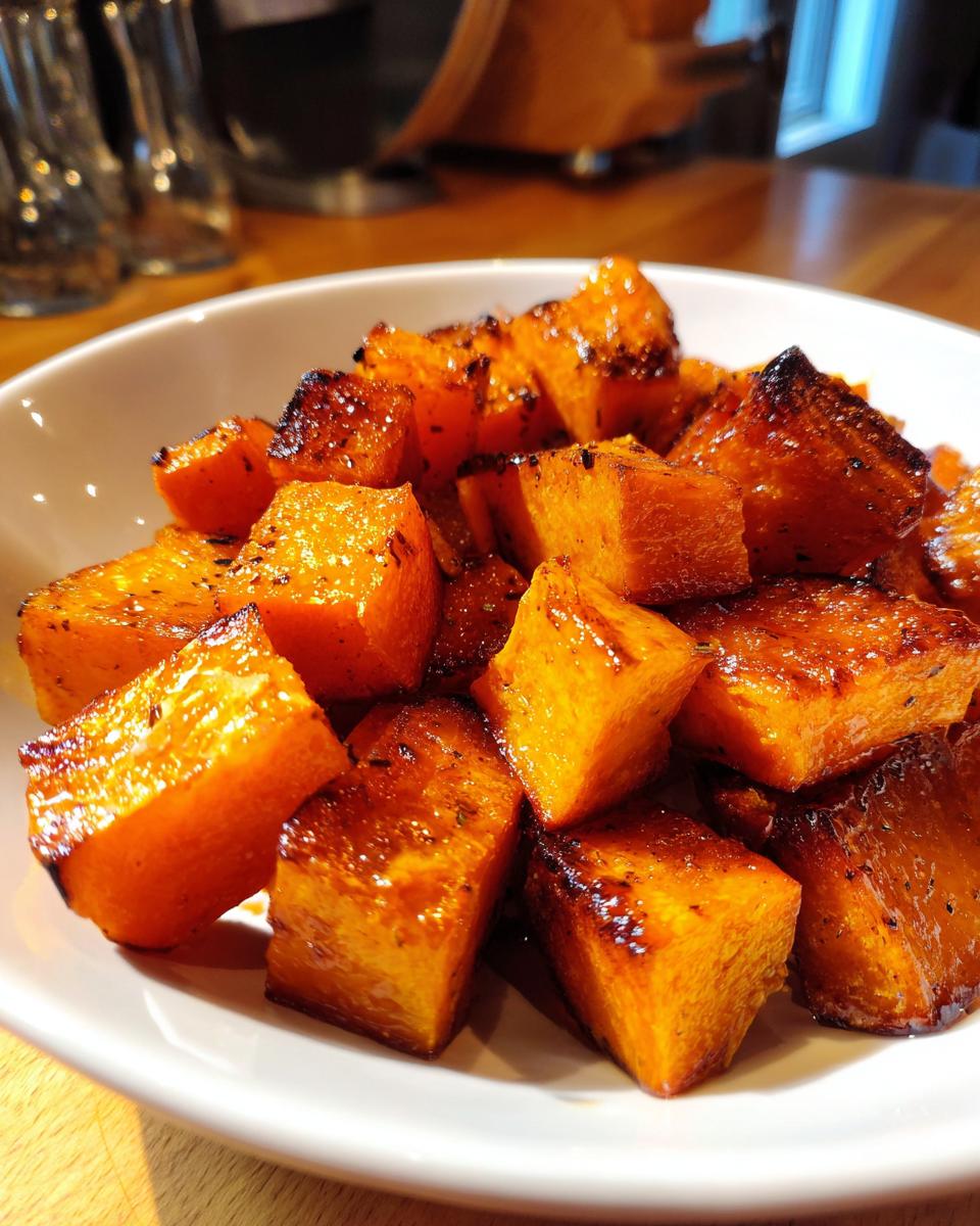 Close-up of caramelized, cubed roasted butternut squash served in a white bowl.
