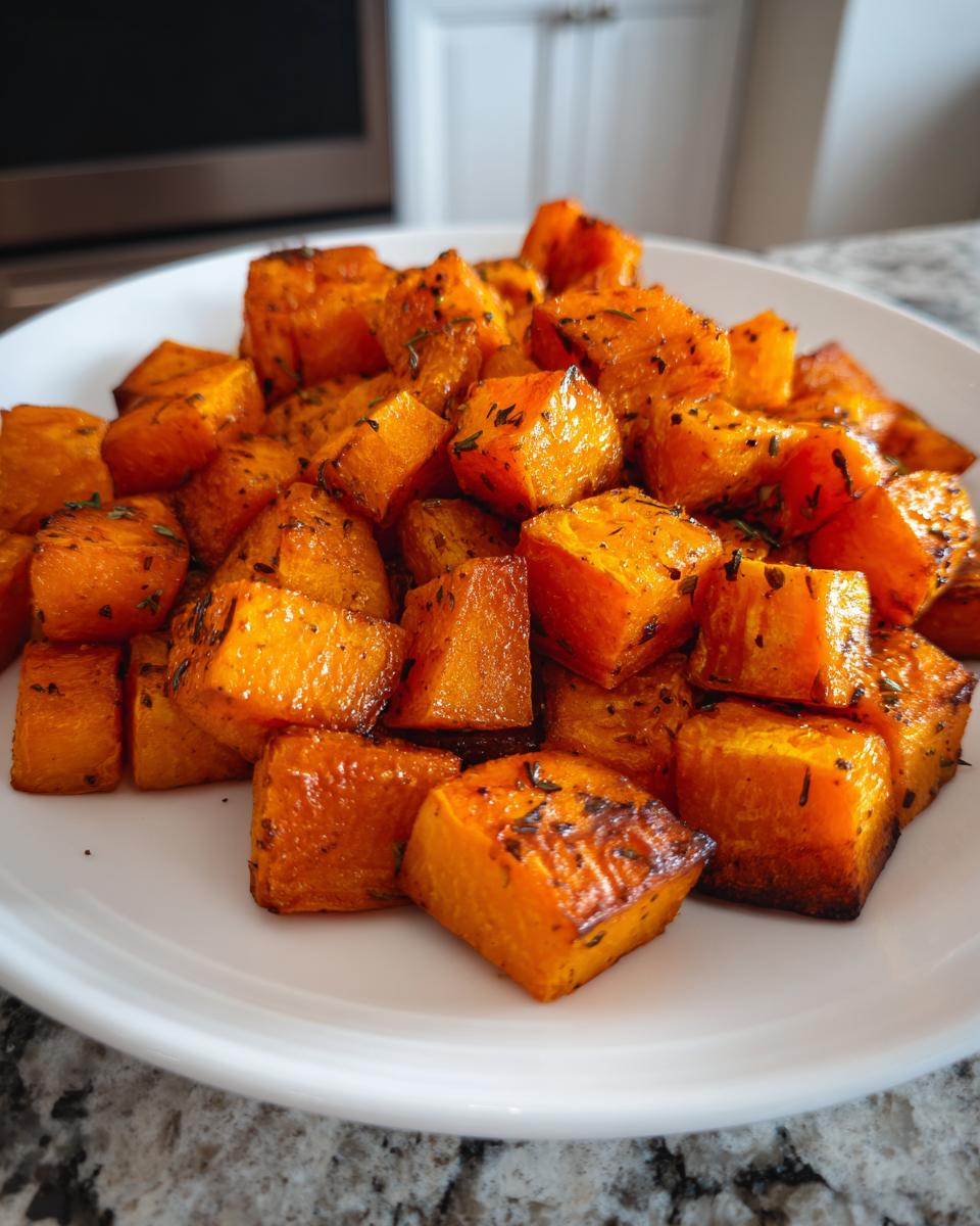 Close-up of perfectly seasoned and roasted butternut squash cubes piled high on a white plate.