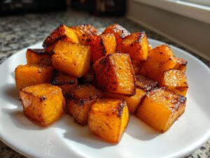 A close-up of perfectly caramelized and roasted butternut squash cubes served on a white plate.