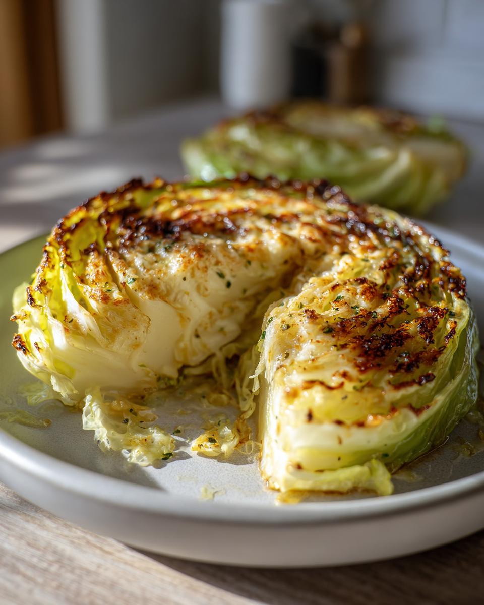 A thick slice of roasted cabbage recipe, showing a caramelized, browned top seasoned with herbs.