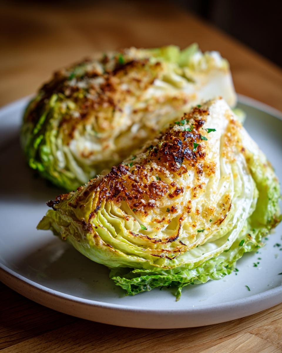 Two roasted cabbage wedges with a golden, crispy topping served on a white plate, illustrating a simple cabbage recipe.