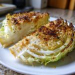 Two roasted wedges of cabbage recipe served on a white plate with a golden, crispy topping.