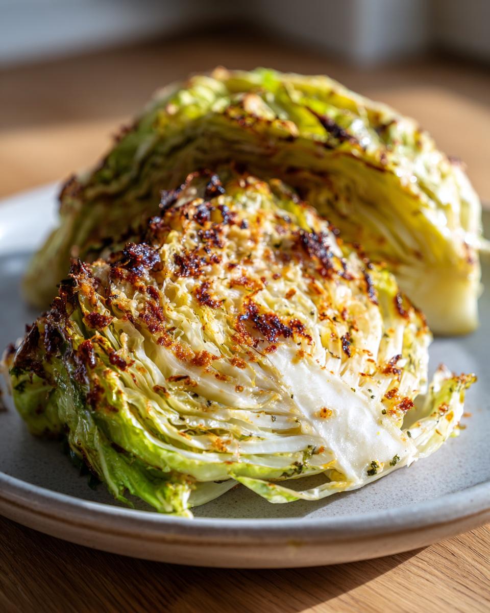 Two roasted cabbage wedges with a browned, seasoned crust served on a light gray plate, showcasing this simple cabbage recipe.