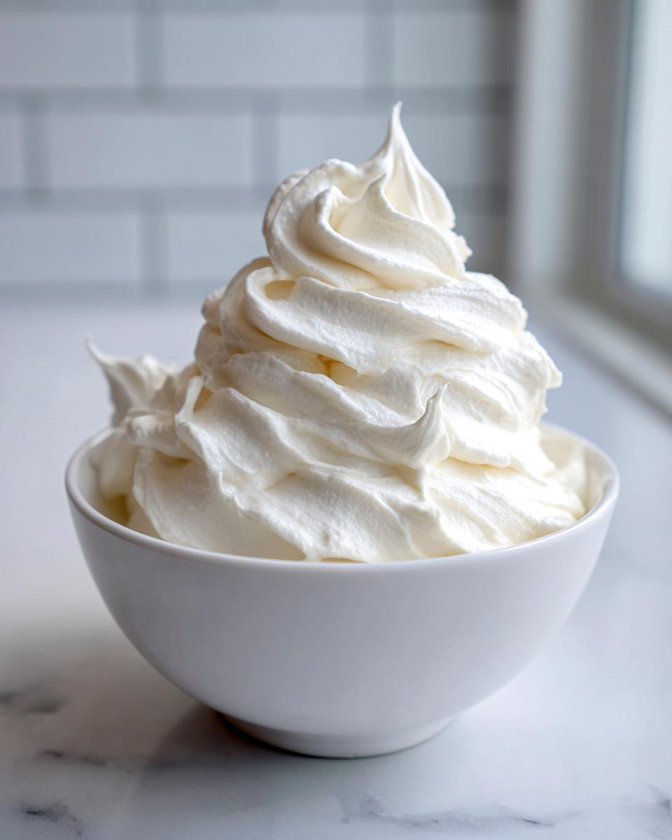 A white bowl filled with stiffly peaked, smooth royal icing recipe, ready for decorating.