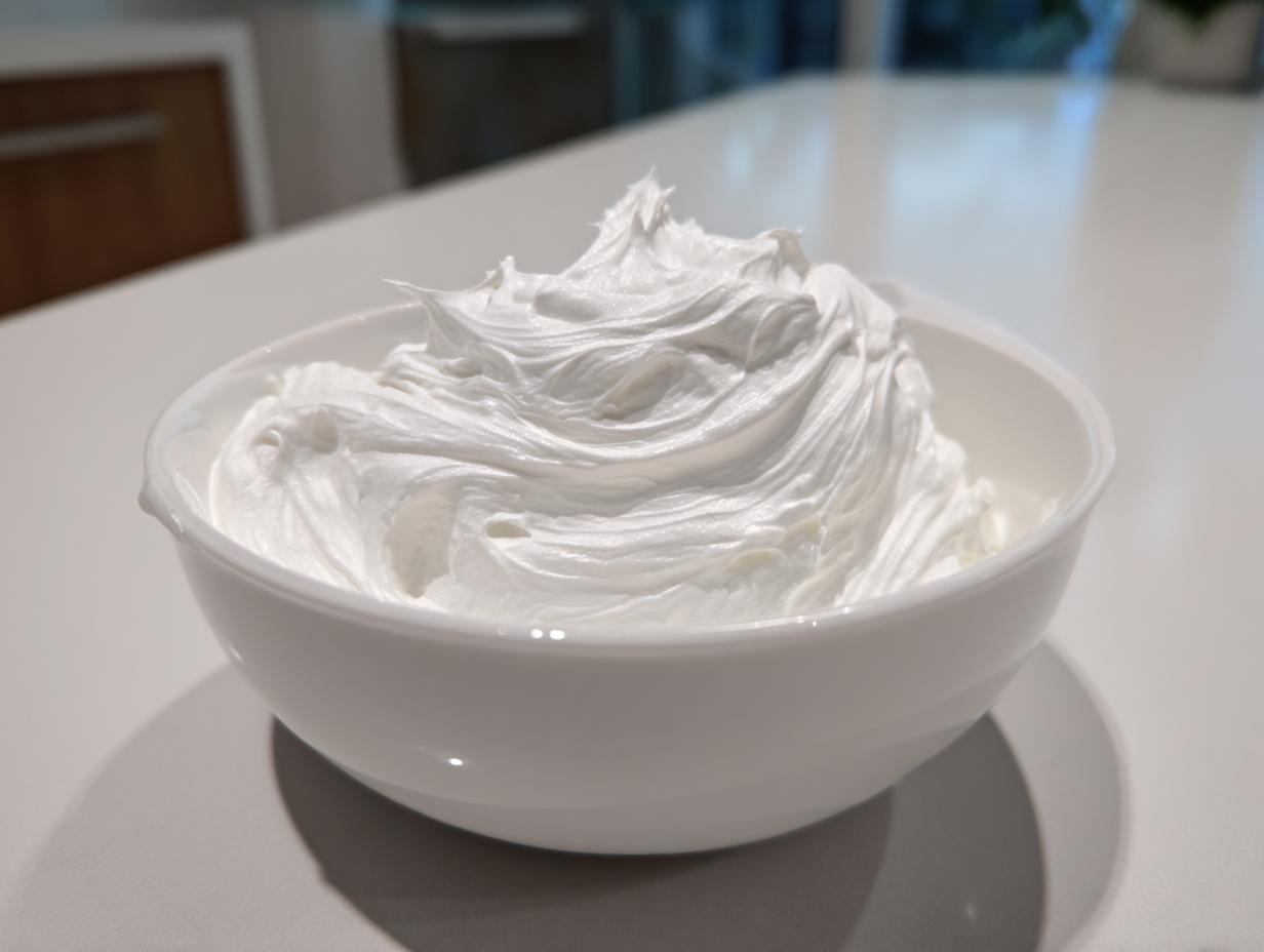 A white bowl filled with stiff, glossy, perfectly whipped royal icing recipe, ready for decorating.